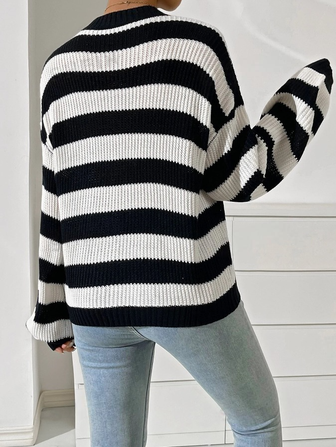 White/Black Striped Women's Knit Sweater